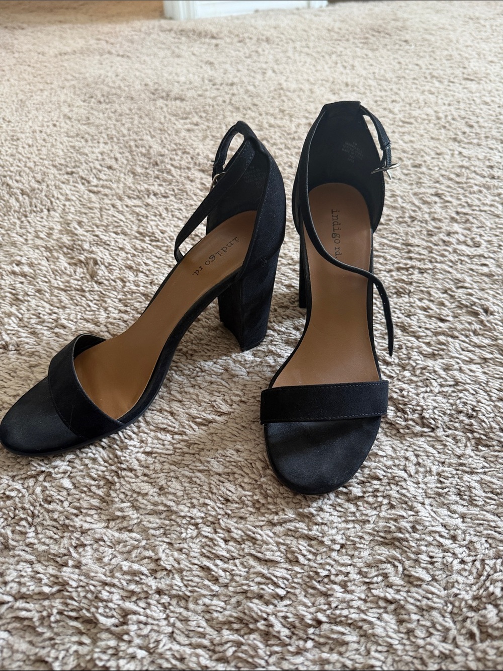 Indigo Black Suede Block Heel Ankle-Strap Sandals